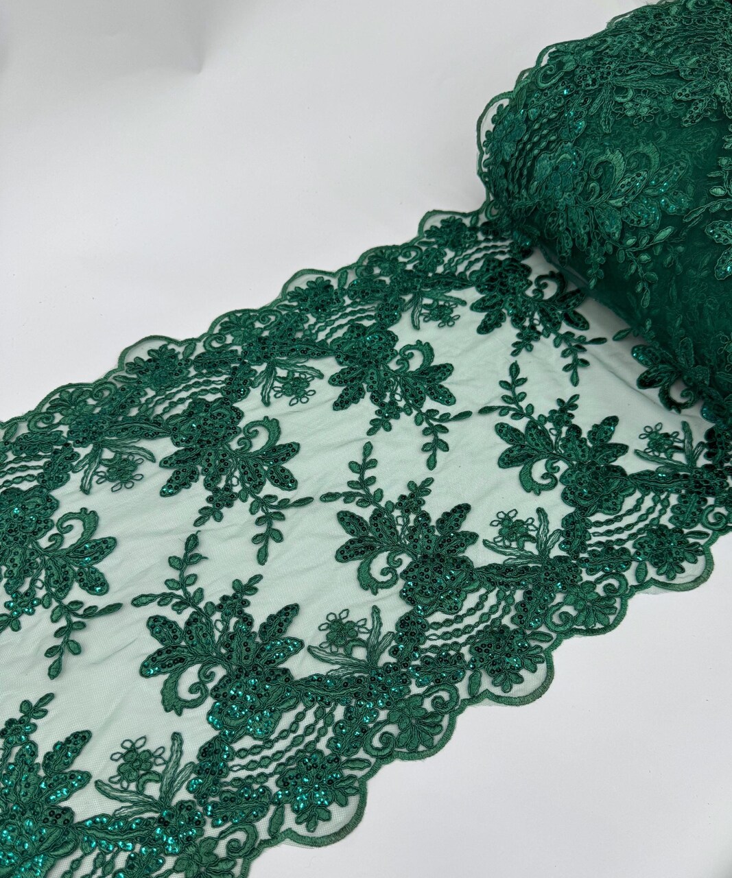Hunter Green Floral Embroidered Lace Table Runner by the Yard, 14" Wide Sequin Mesh Lace Trim with Scalloped Edges